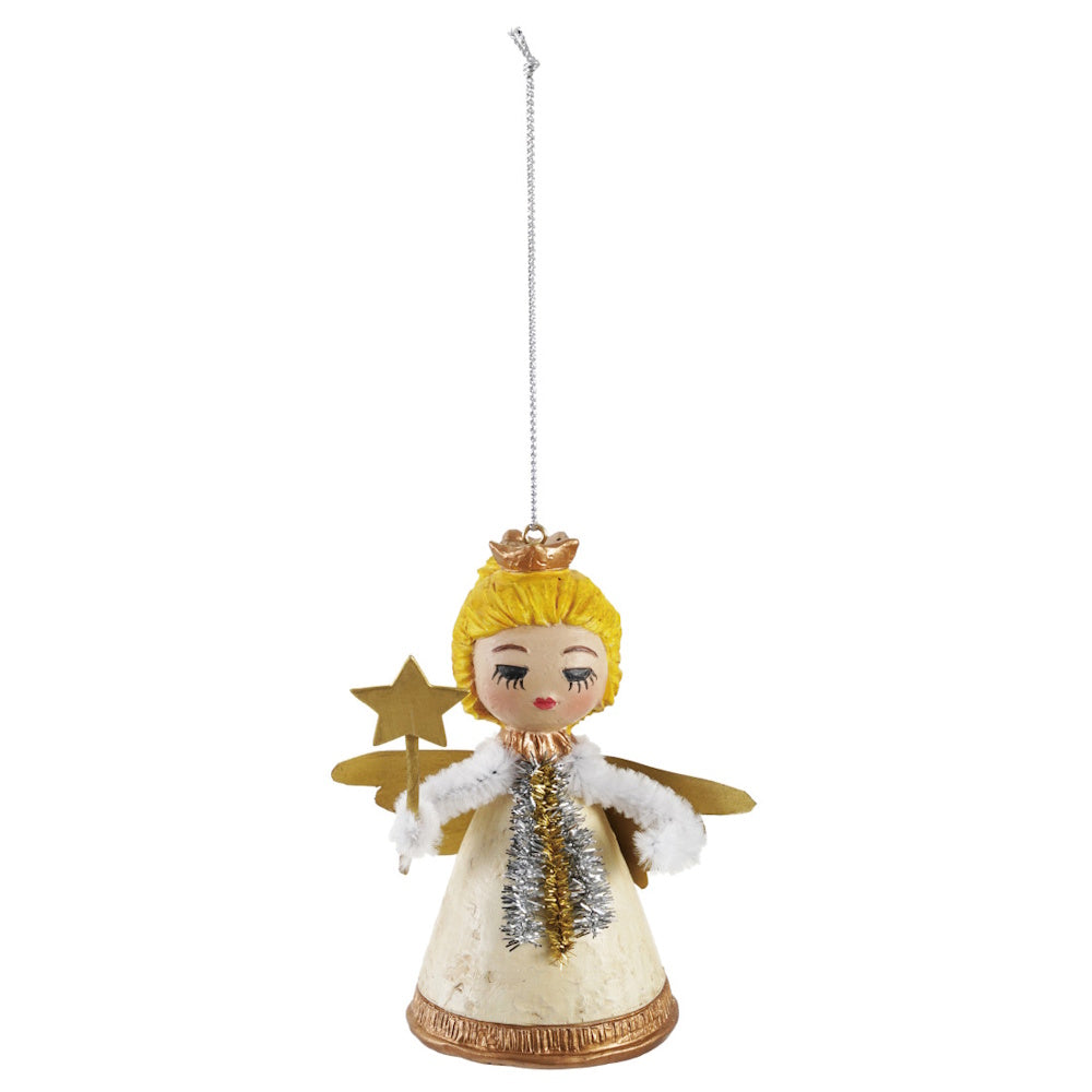 Resin vintage-reproduction angel ornament holding a star wand with visible wings and a hanging string.