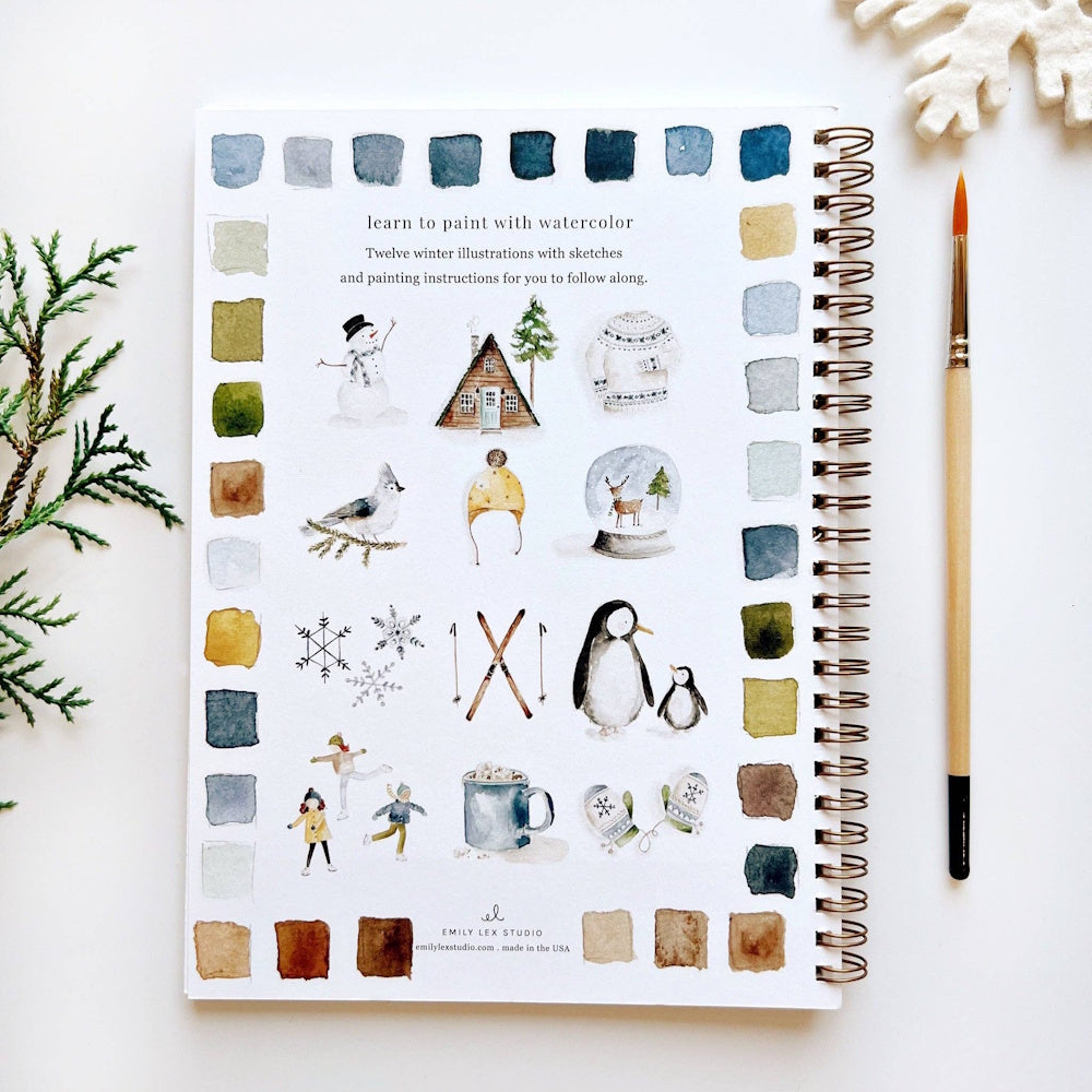 Back cover of a winter watercolor workbook showing 12 tiny illustrations framed by paint swatches.