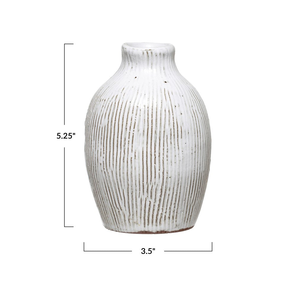 Terra-cotta Vase with Engraved Lines, White- Small — alternate view 2