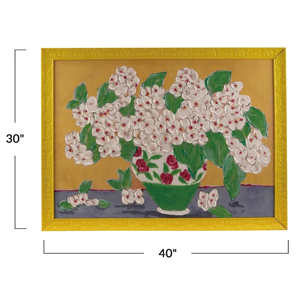 Impasto floral canvas art with white flowers in a green vase, set in a 30x40 inch ornate antique gold wood frame.