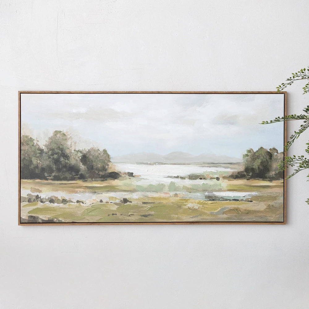 Wood-framed canvas wall decor featuring an abstract landscape painting of a meadow and distant mountains in earthy tones.