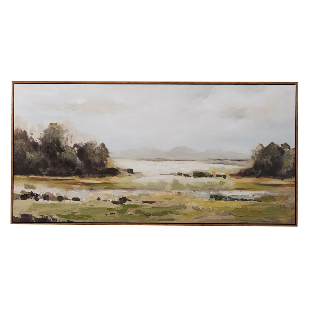 Wood framed canvas wall decor featuring an abstract landscape painting in neutral earthy tones of green, brown, and tan.