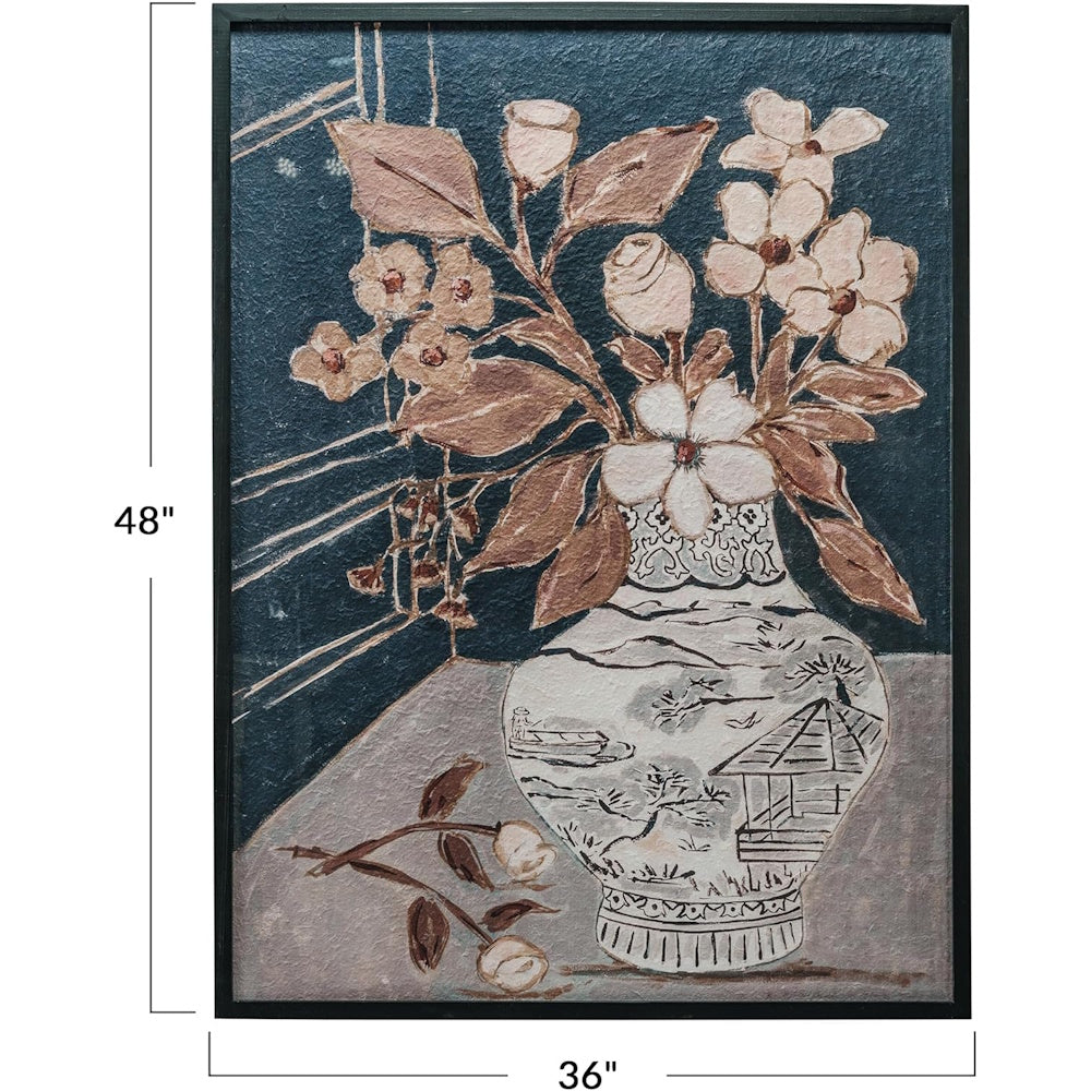 Wood-framed glass wall decor with a floral painting, showing height and width dimensions of 48 inches by 36 inches.