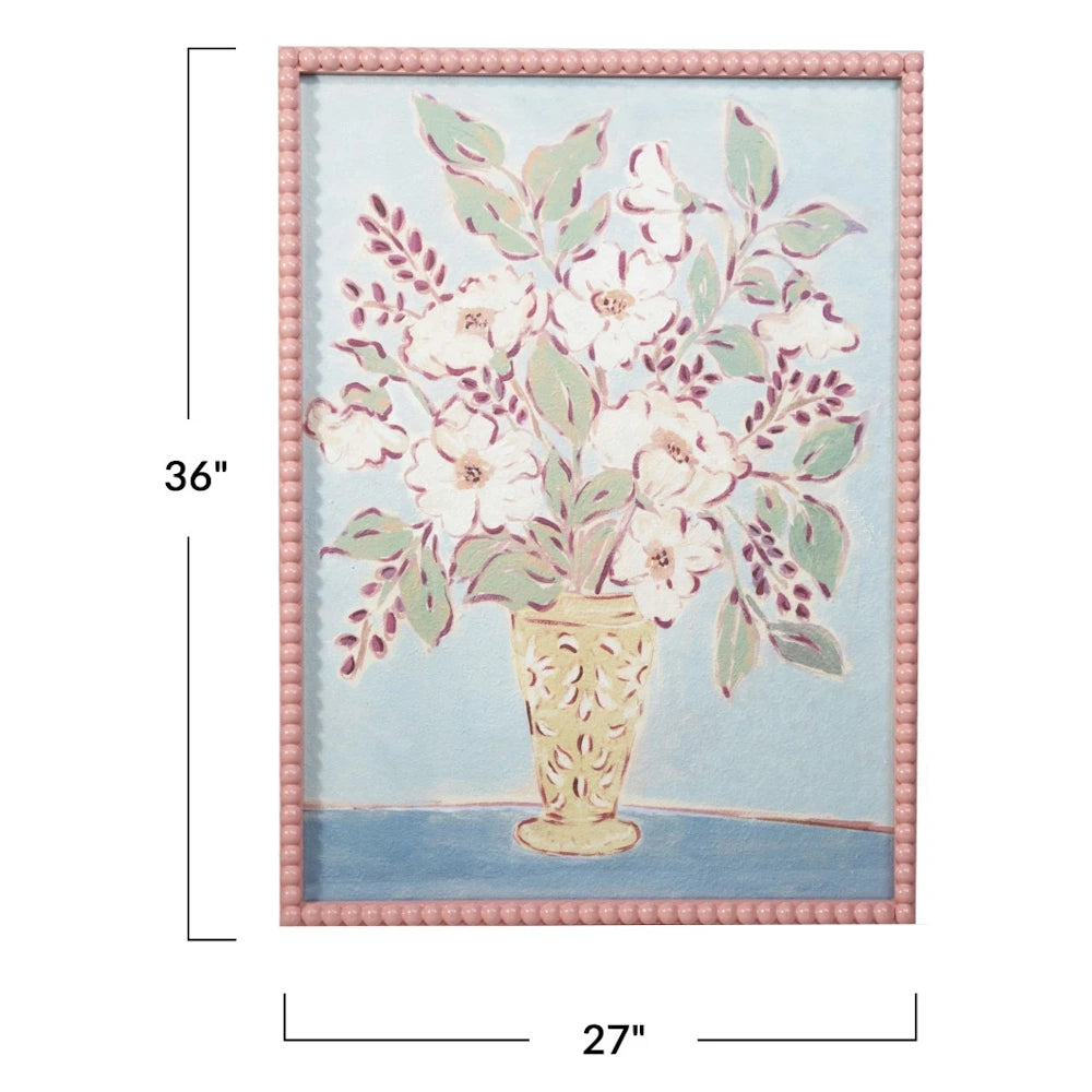 White floral bouquet in a yellow vase painting with a pink beaded frame, 36x27 inches.
