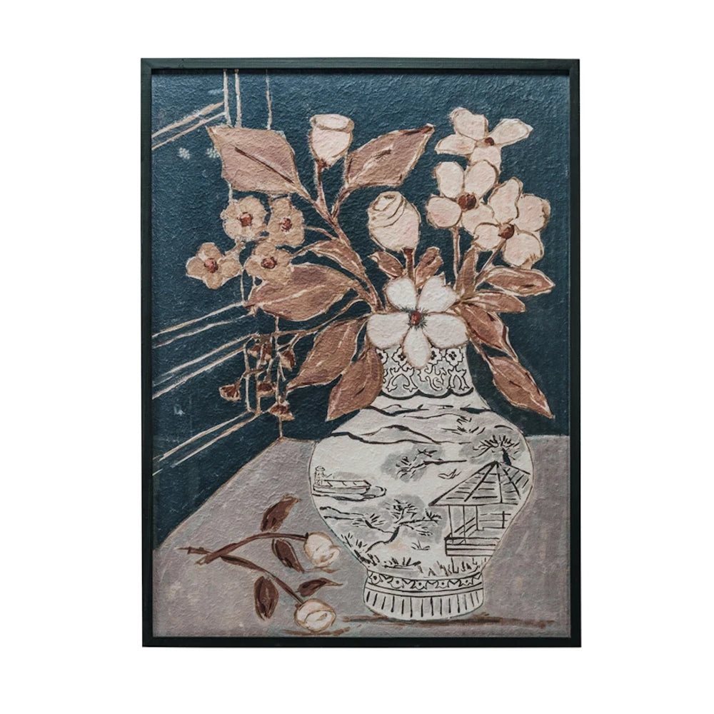 Wood-framed glass wall decor featuring a floral painting with a vase against a dark blue background.