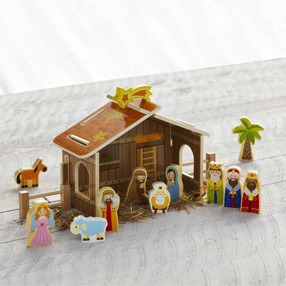 Wooden children's nativity set with colorful figures of Mary, Joseph, baby Jesus, and animals in a stable with a star.
