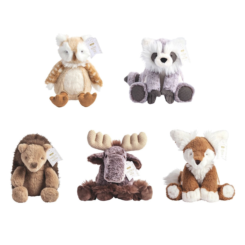 Collection of five plush woodland stuffed animals: owl, raccoon, hedgehog, moose, and fox.