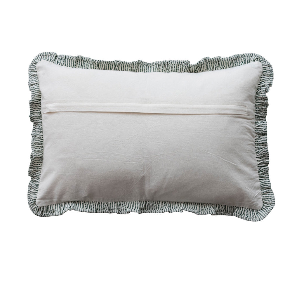 Back view of the woven cotton striped lumbar pillow showing a solid back and envelope closure with ruffles.