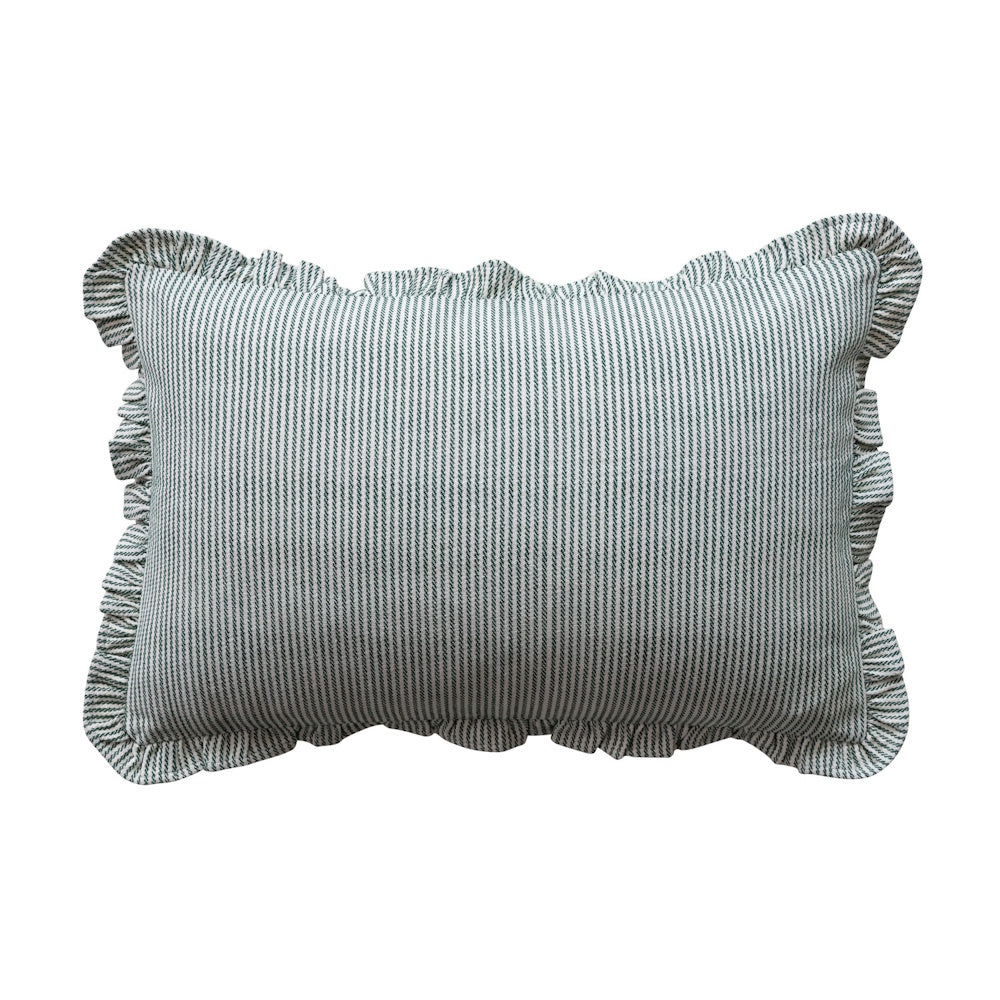 Woven cotton striped lumbar pillow with a decorative ruffled edge.