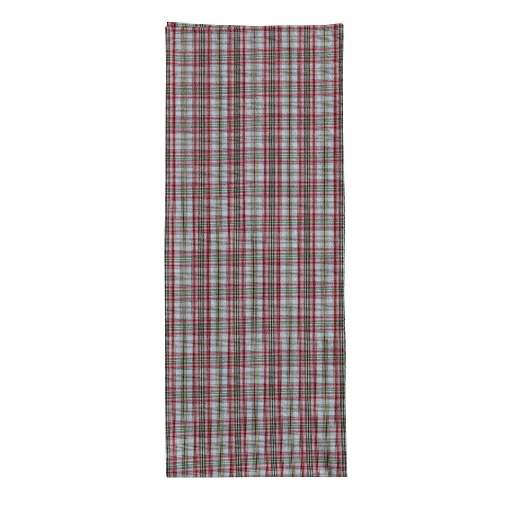 Woven cotton table runner featuring a festive red, green, and white plaid pattern against a plain white background.