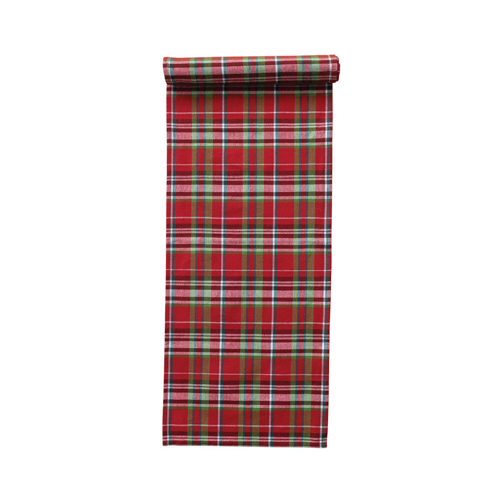 Woven cotton table runner featuring a vibrant red tartan plaid pattern, shown folded at the top against a plain white background.