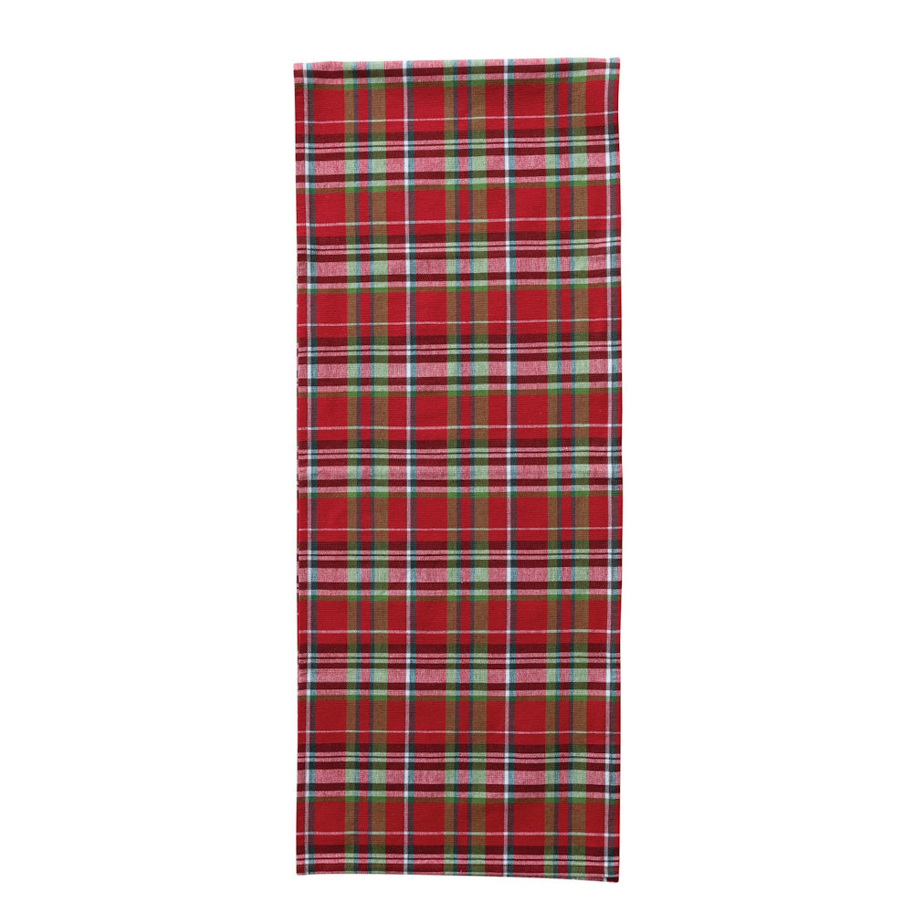 Woven cotton table runner featuring a vibrant red tartan plaid pattern against a plain white background.