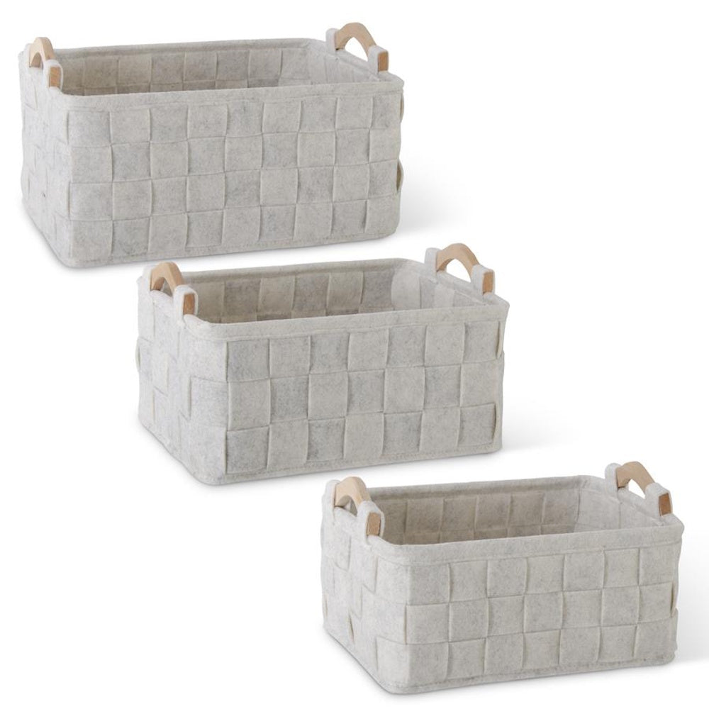 Small Woven Cream Felt Nesting Basket with Wood Handles — alternate view 2