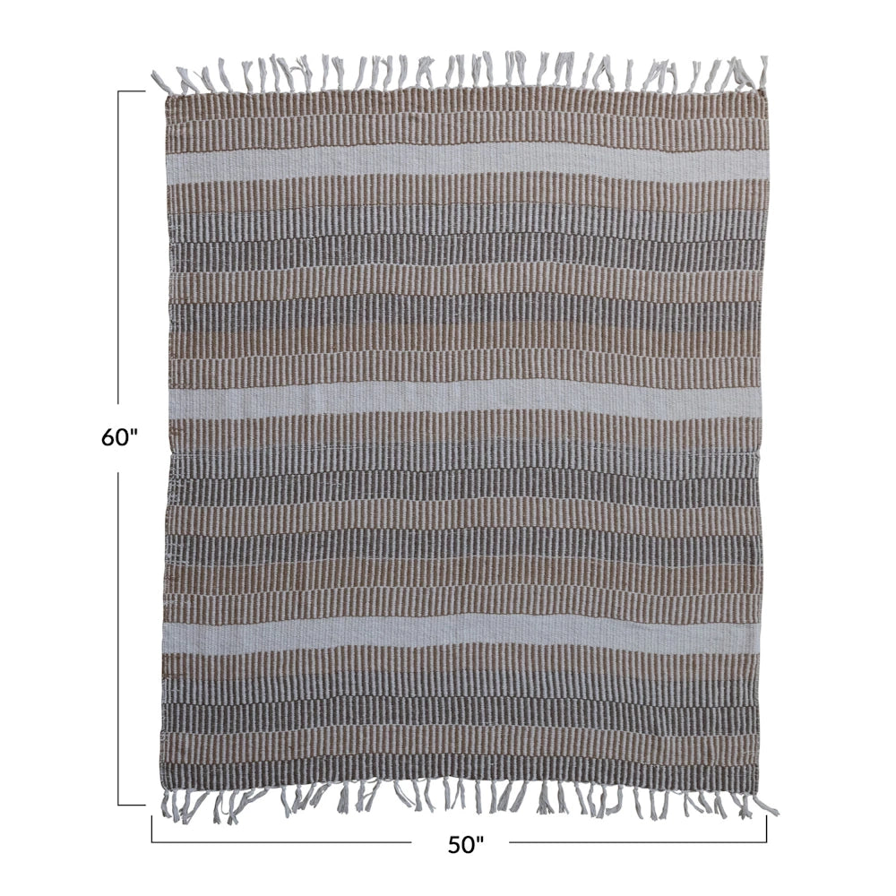 Woven 50 by 60 inch throw rug with brown and cream horizontal stripes and fringed edges on a white background.