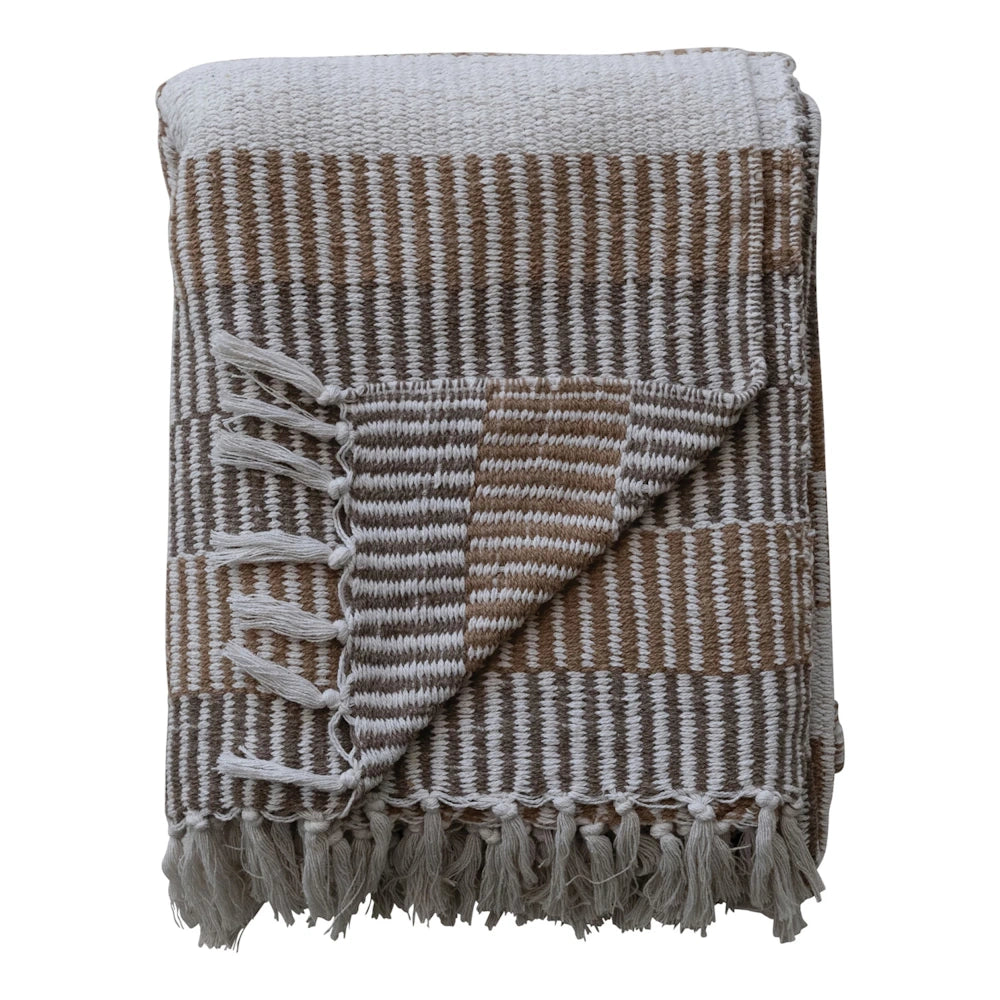 Folded brown and cream striped woven throw blanket with decorative fringe tassels on a plain white background.