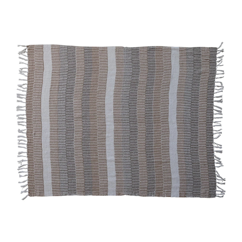 Striped woven area rug with fringe in neutral tones of beige, grey, and white, ideal for modern home decor.