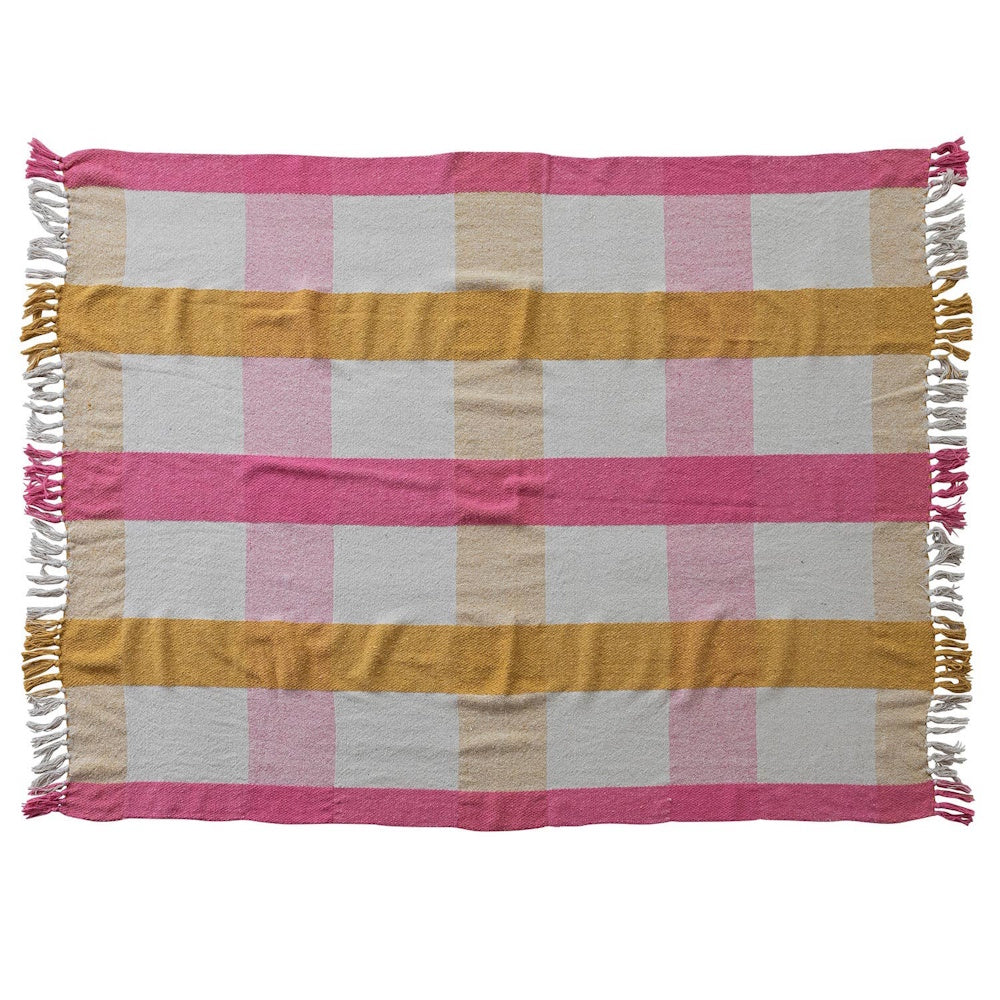 Woven plaid throw blanket in pink, mustard yellow, and beige with fringed edges.