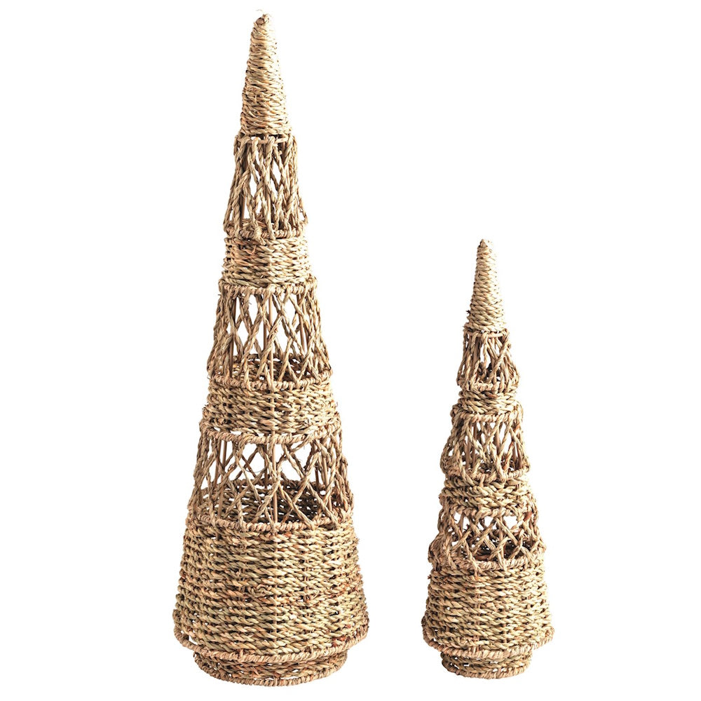 Set of two woven natural seagrass conical Christmas tree sitters in different sizes.