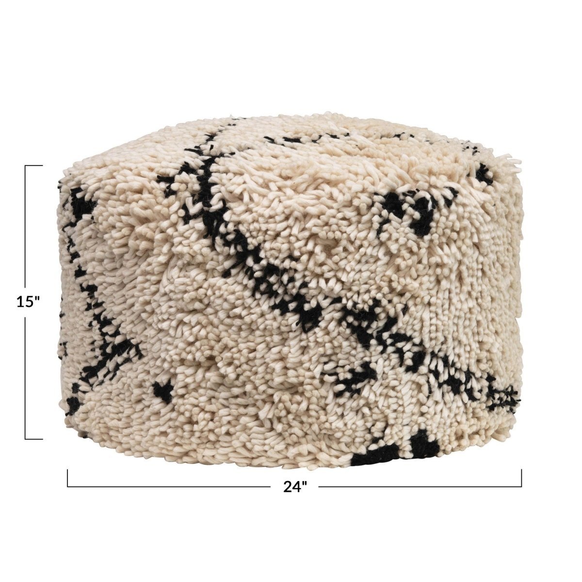 24" Round x 15"H Woven Wool Shag Pouf, Black & Cream Color — alternate view 5