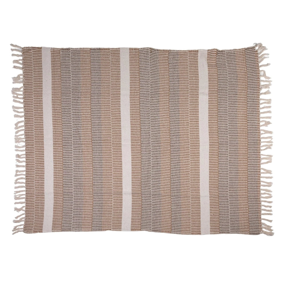 Neutral tan and cream striped woven rug with decorative fringe border, ideal for modern or rustic home decor.