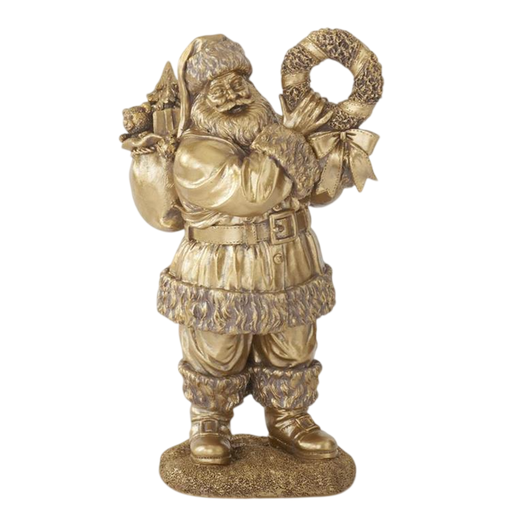 An antique gold resin Santa Claus figurine holding a decorative holiday wreath and a sack of toys.