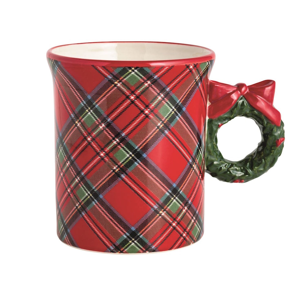 Red tartan plaid ceramic mug featuring a handle shaped like a green holiday wreath topped with a red bow.