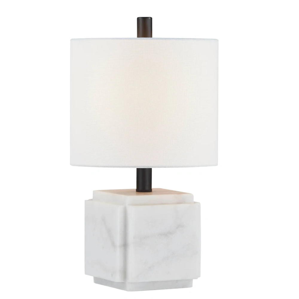 White marble block table lamp with black metal stem and white drum shade for modern decor.