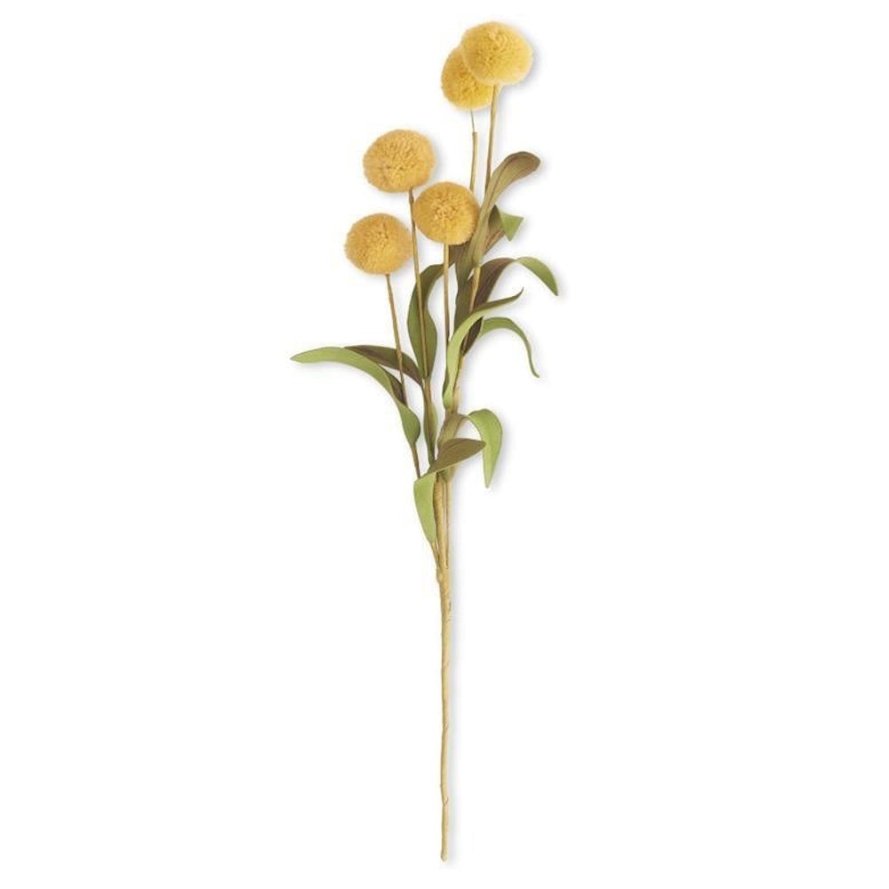 Artificial stem with yellow pom-pom billy buttons flowers and green leaves on a white background.