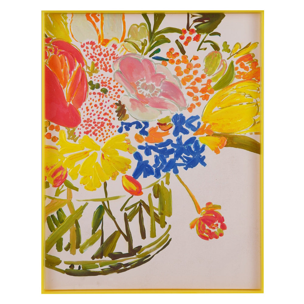 Hand-painted colorful flowers in a vase canvas wall art featuring a vibrant yellow acrylic box frame.