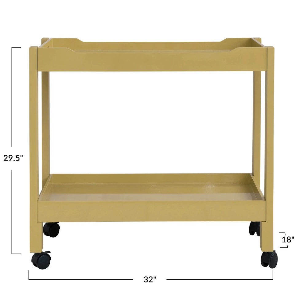 Gold 2-tier rolling bar cart with dimensions: 29.5" high, 32" wide, and 18" deep. Modern metal serving trolley on wheels.