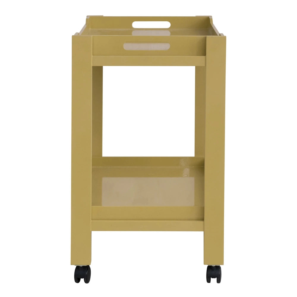 Modern yellow rolling bar cart with two tiers, handles, and lockable wheels for home hosting and storage.