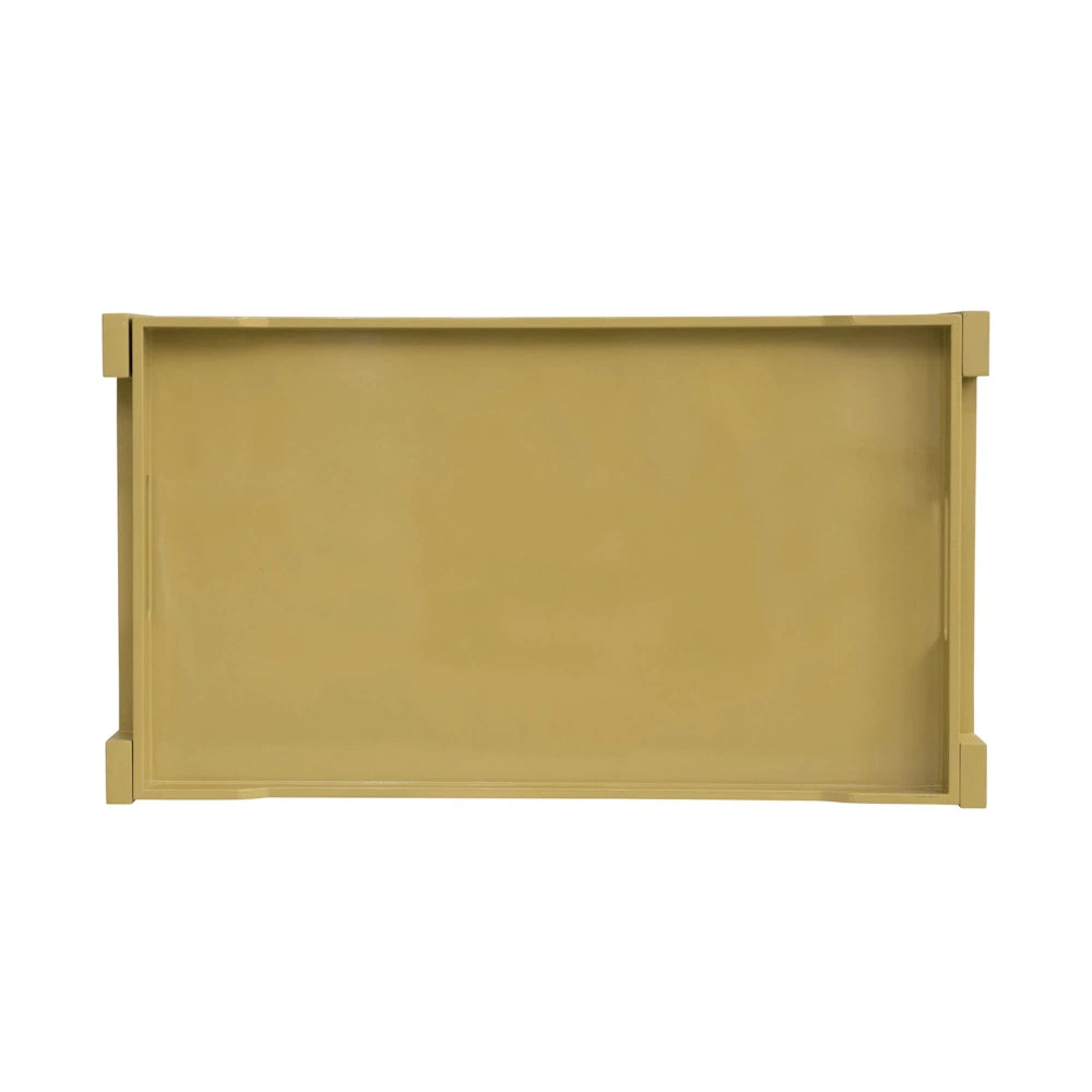 Rectangular mustard yellow lacquer serving tray with handles, decorative coffee table accessory.