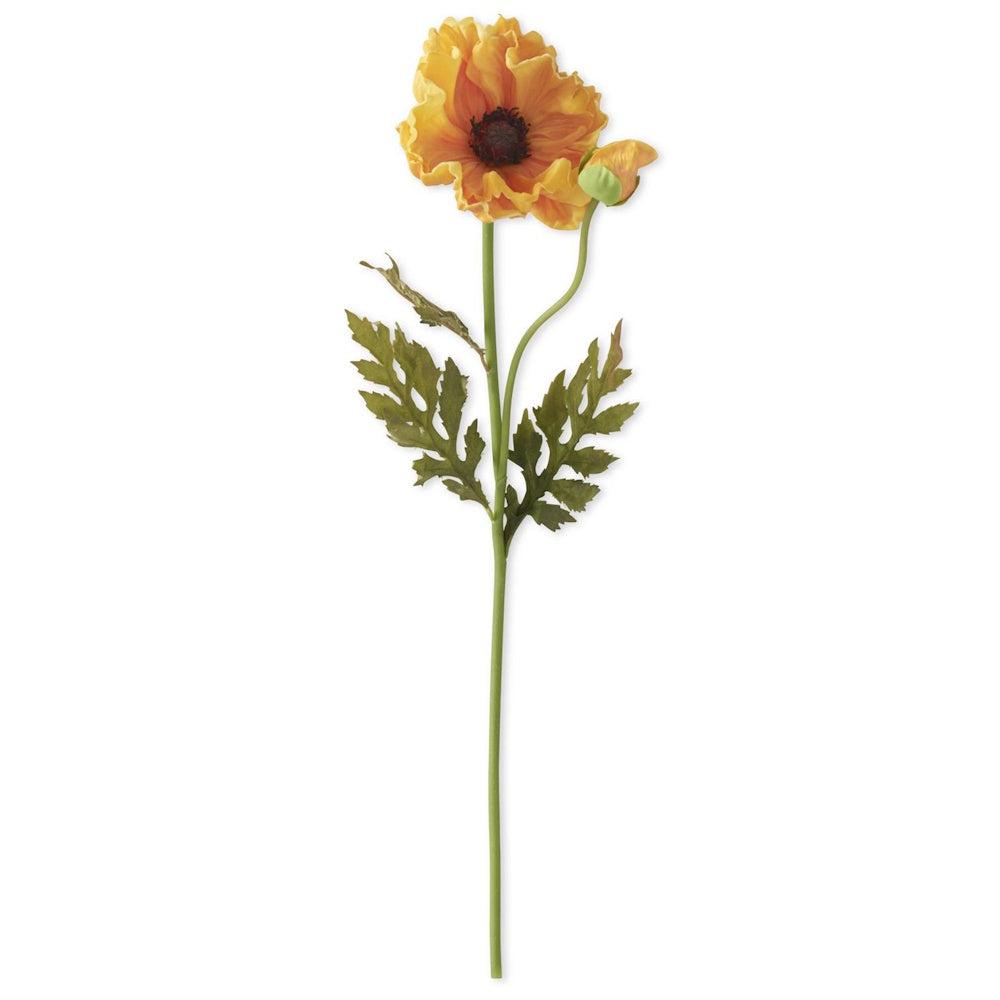 Yellow real touch poppy stem with a blooming flower, bud, and green leaves for floral arrangements and home decor.