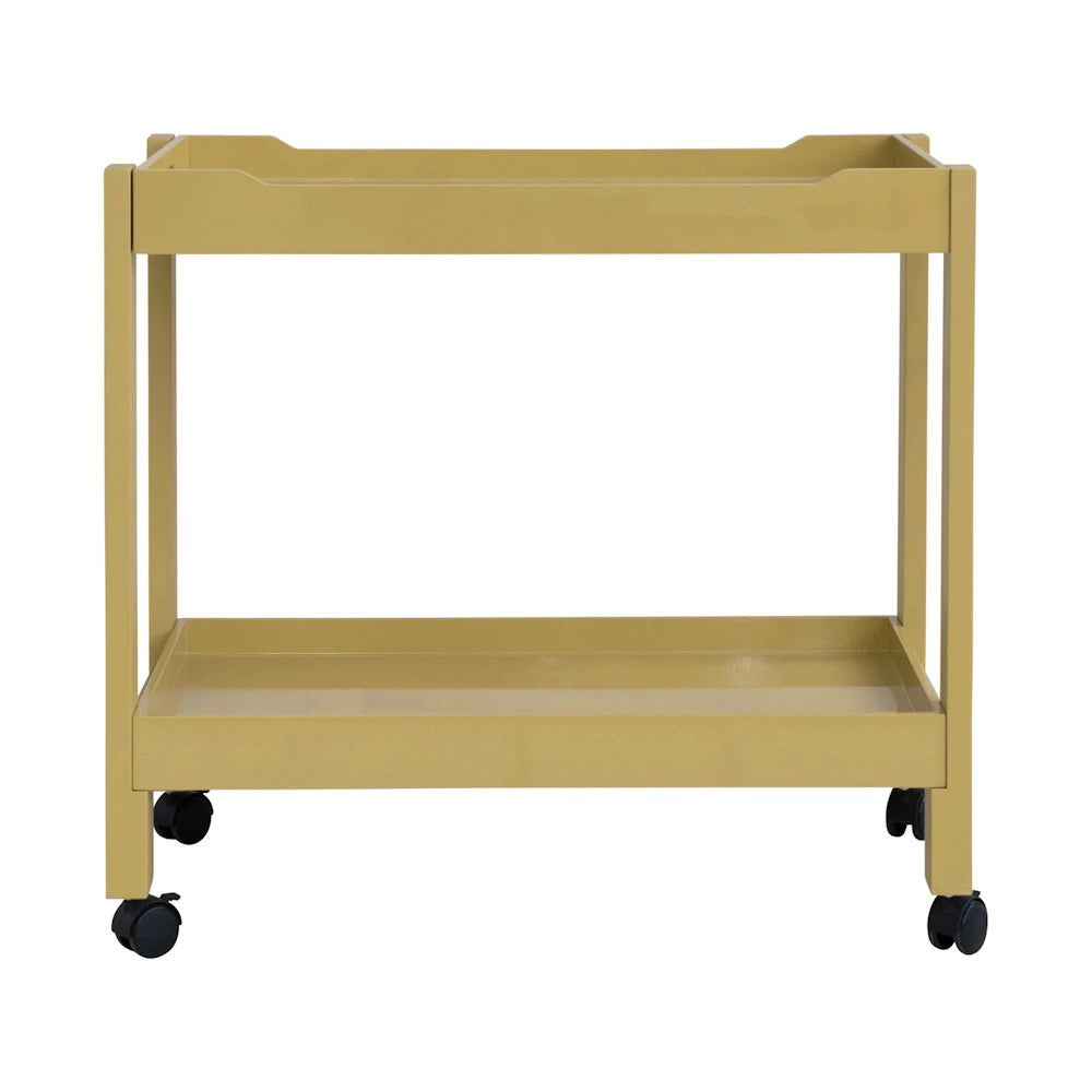 Yellow metal utility kitchen cart with two shelves and casters, minimalist mobile serving trolley.
