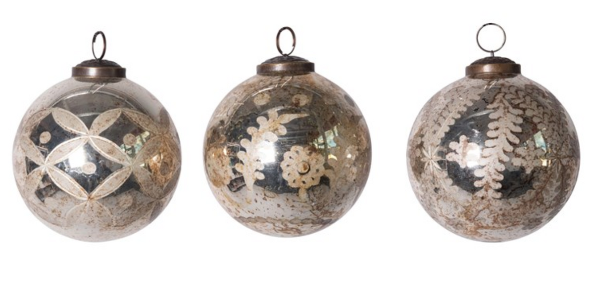 4" Round Etched Mercury Glass Ball Ornament, Antique Silver